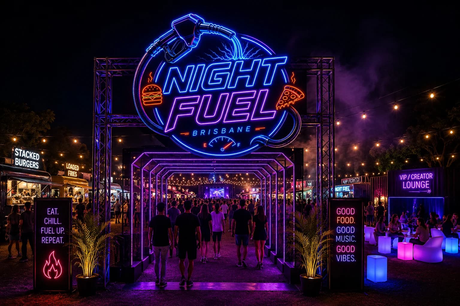 Night Fuel entrance concept with illuminated installation, food trucks and people enjoying the night